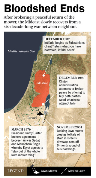 Illustration for article titled Long-Standing Conflict Ends As Israel Returns Lawn Mower To Palestine